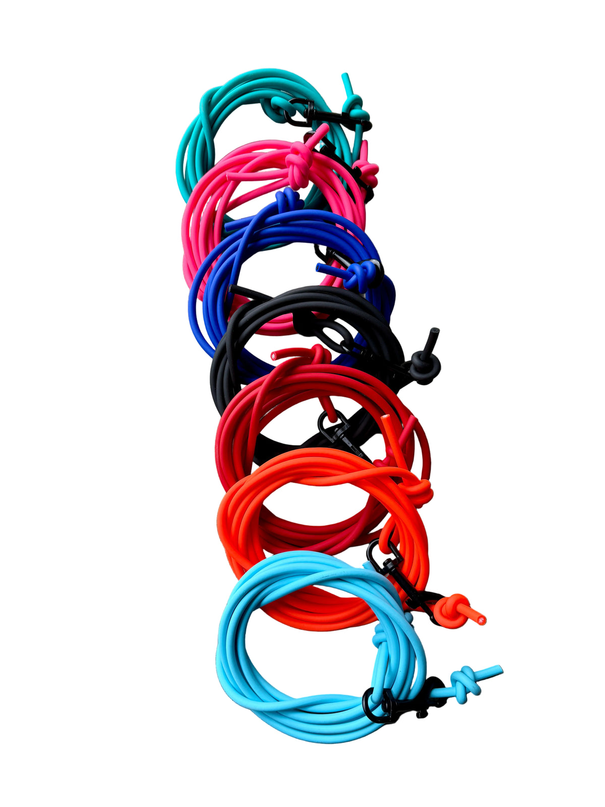 Six coiled biothane leashes in teal, pink, blue, black, red, and light blue, arranged vertically