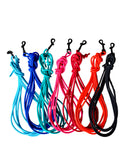 Six coiled rope-style leads in bright blue, teal, pink, orange-red, and black, each attached to a black clip