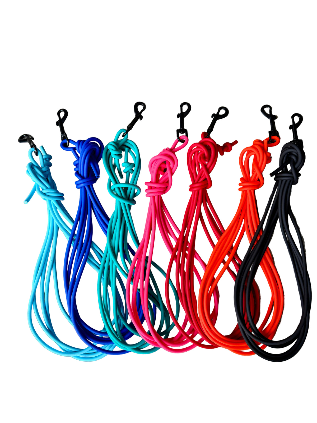 Six coiled rope-style leads in bright blue, teal, pink, orange-red, and black, each attached to a black clip