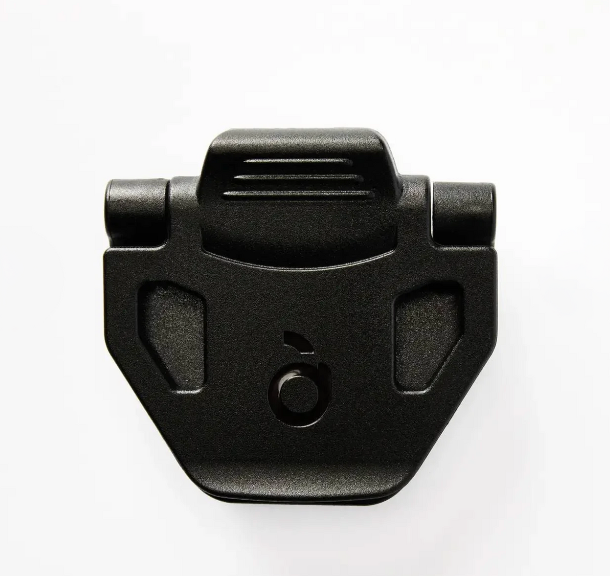 A matte black plastic quick-release buckle or clip component, shown from a top-down view on a clean white background.