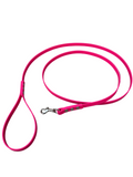 A bright pink dog leash with a silver metal clasp, laid out on a white background.