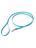 A bright light blue dog leash with a metal snap hook clasp, laid out on a white background.