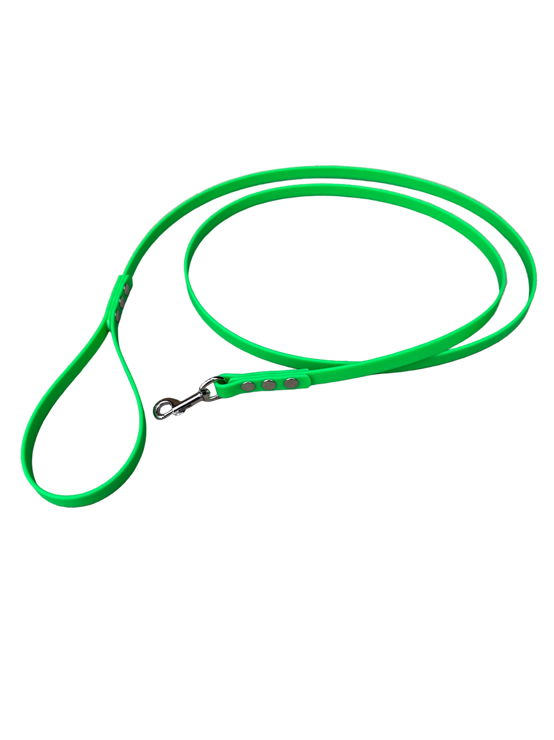 A bright light blue dog leash with a metal snap hook clasp, laid out on a white background.