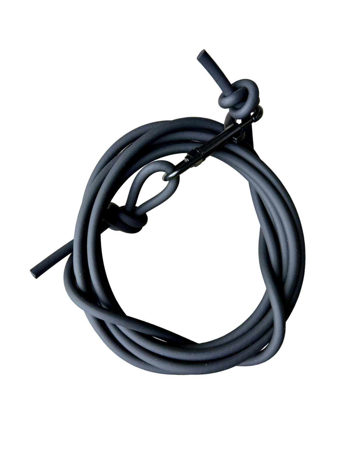 A coiled black biothane leash with a carabiner clip and loop,