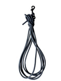 A coiled black biothane leash with a metal clip at the top