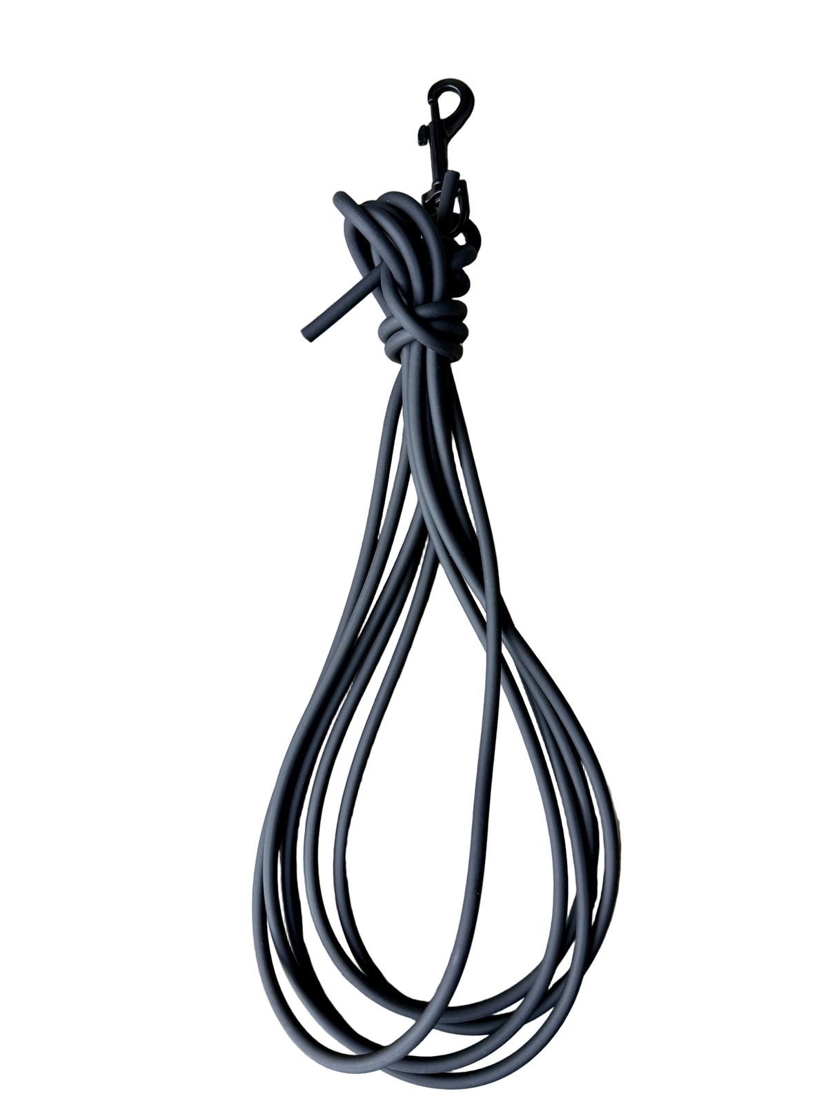 A coiled black biothane leash with a metal clip at the top