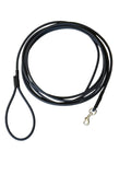 A black biothane dog lead rope with a large loop handle and a metal snap hook, coiled on a textured white background.