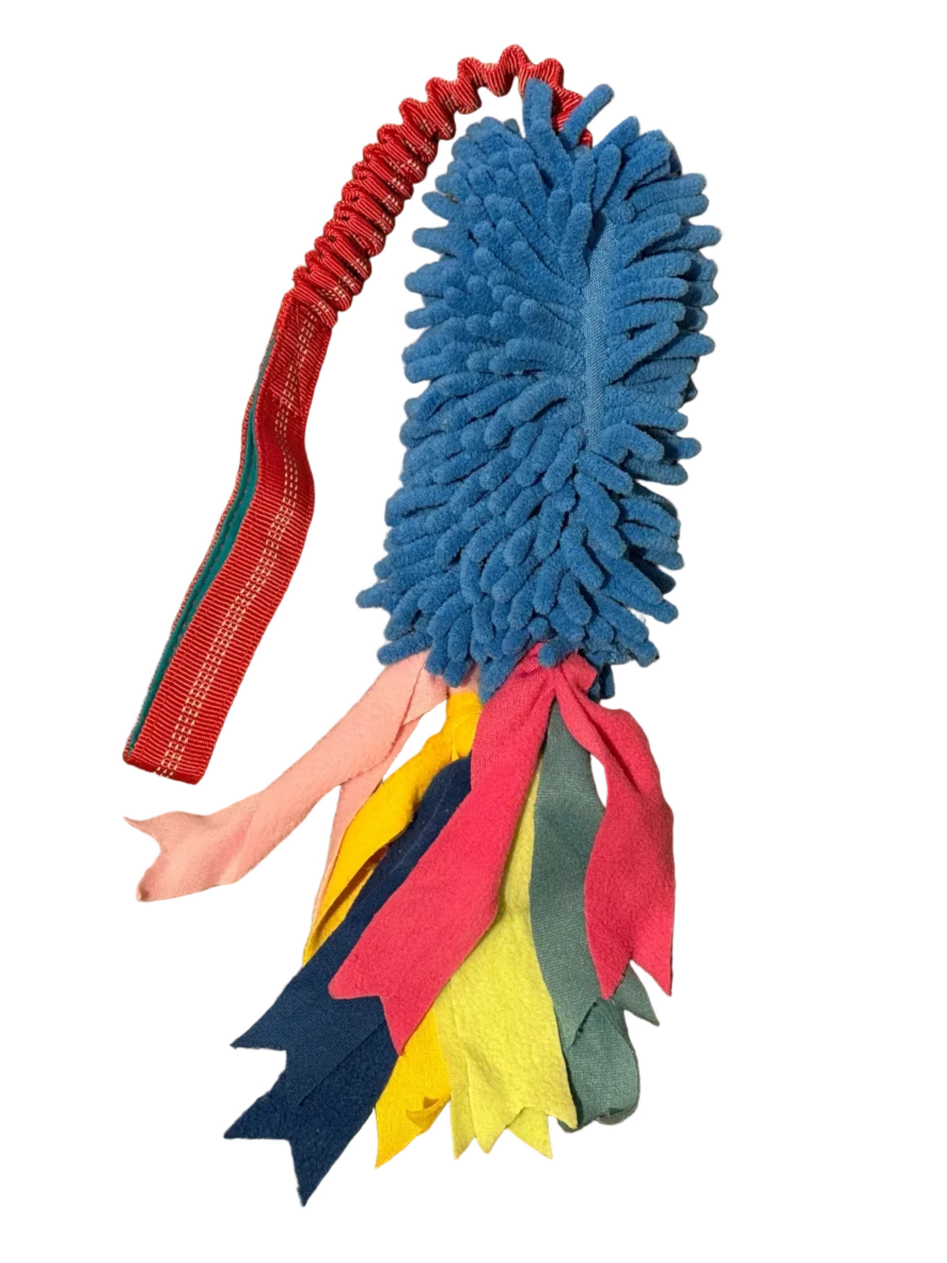 Colorful feather-like toy with ribbons on a white background
