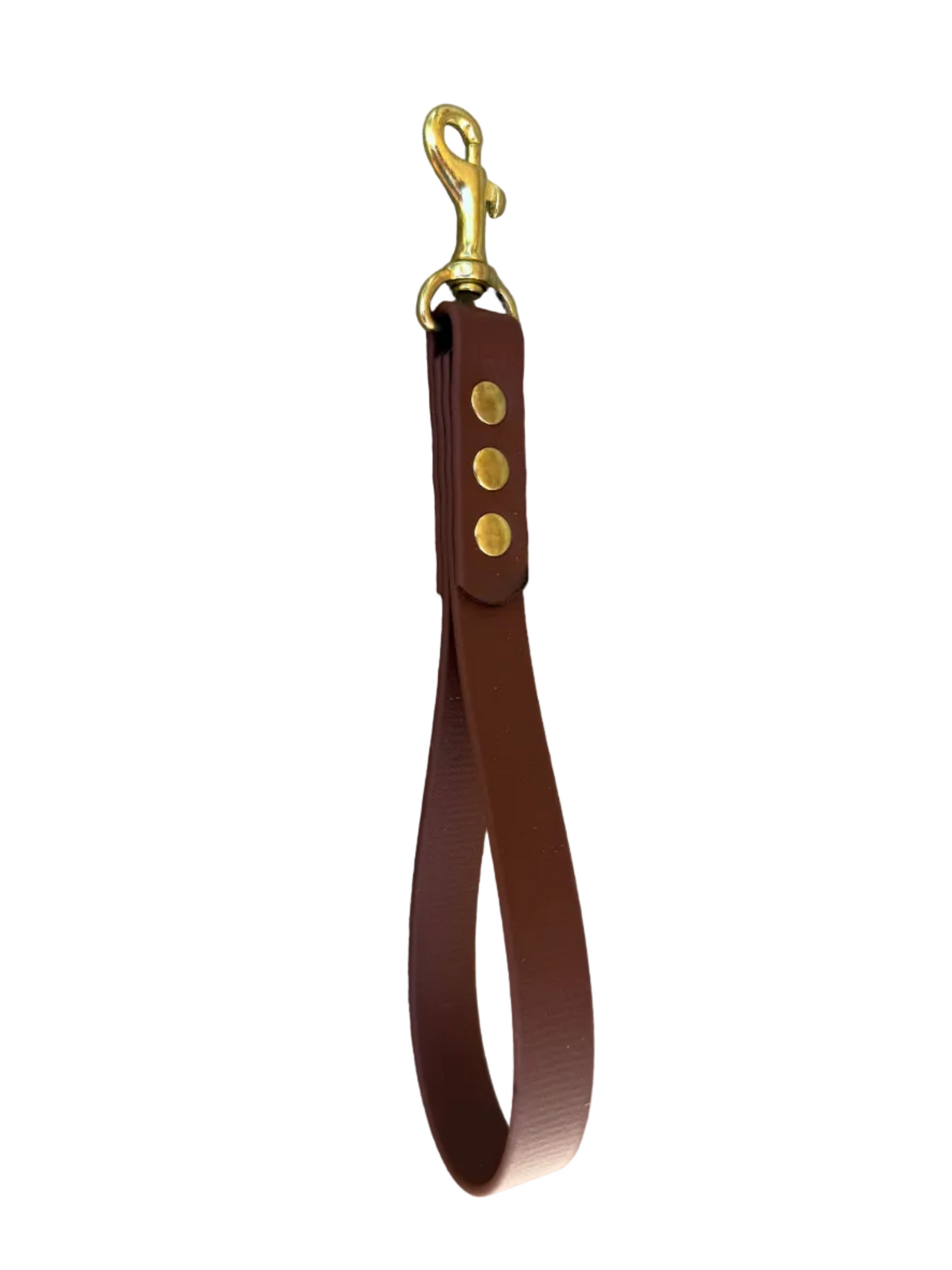 Brown leather dog leash with small brass hardware on a white background