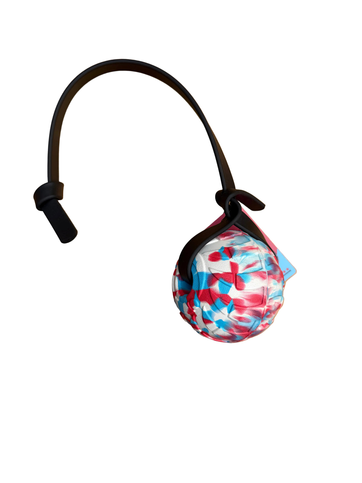 A small round ball with a red, white, and blue abstract pattern, attached to a black strap on a white background.