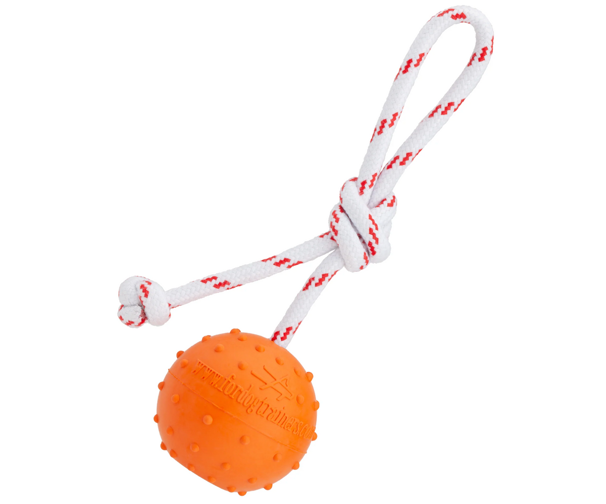 Orange textured ball with a white rope on a white background