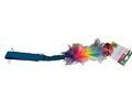 Colorful dog tug with a teal handle on a white background.