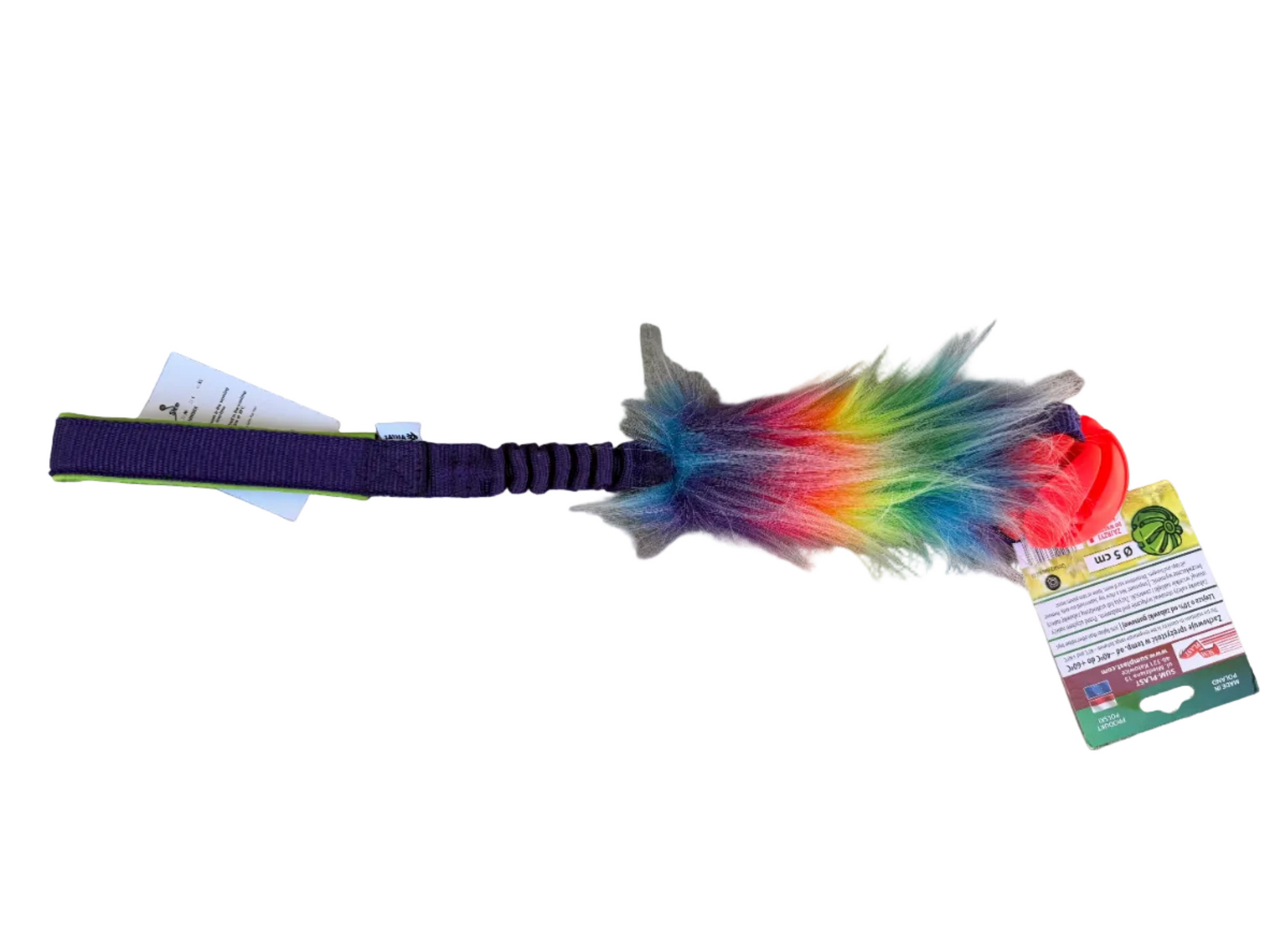 Colorful dog toy with a purple strap on a white background.