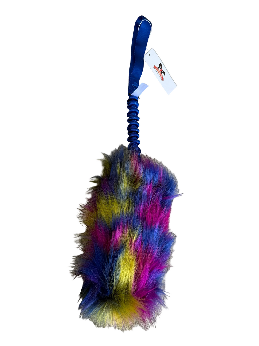 Colorful feathered dog toy with a blue handle on a white background.