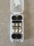 The image shows a Basic Nosework Kit by Pawsome DogSports, including a white kit box, pre-cut scented swabs in tubes, and galaxy black magnetic mini-hides for dogs' scent detection training.