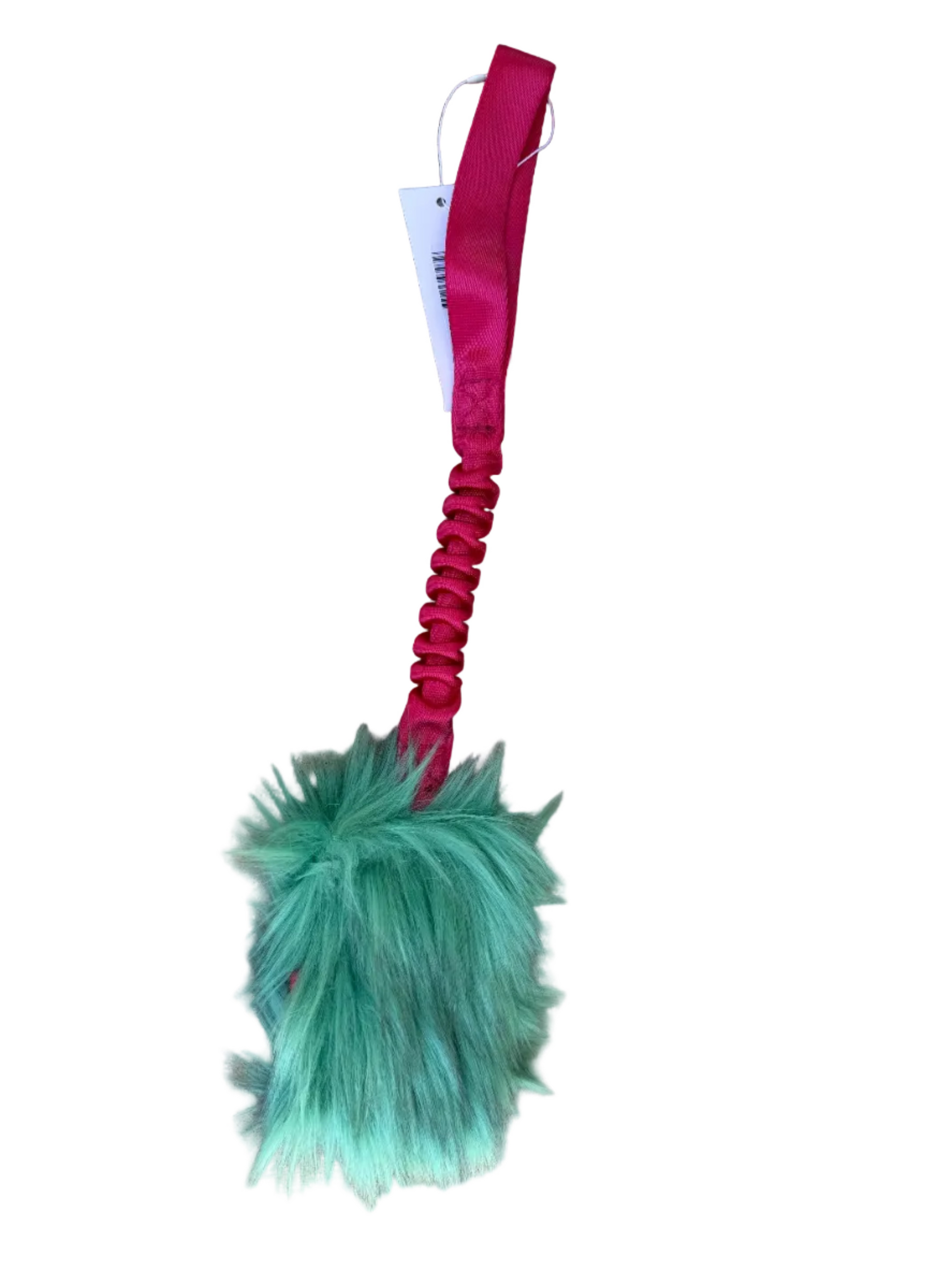 Green feathered cat toy with pink ribbon on a white background.