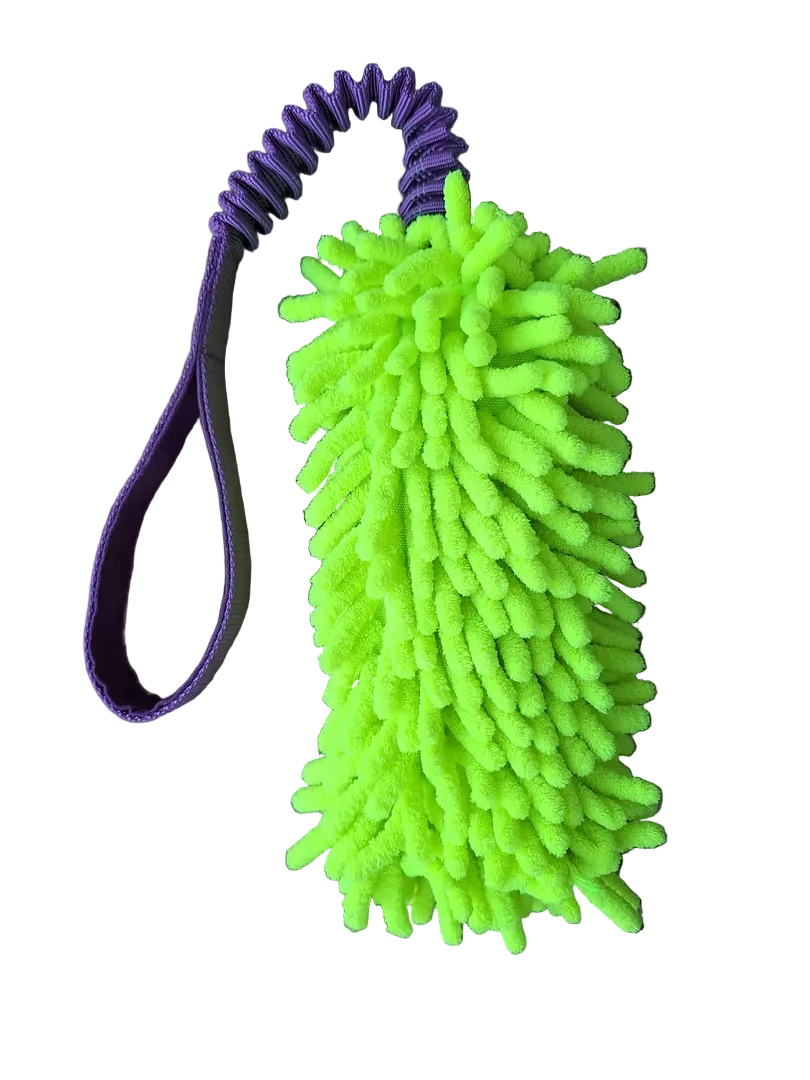 Green microfiber cleaning mitt with purple handle on a white background.
