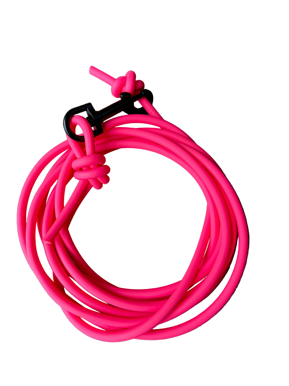 A bright pink coiled dog leash with a black metal clip
