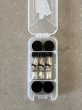 The image shows a Basic Nosework Kit by Pawsome DogSports, including a white kit box, pre-cut scented swabs in tubes, and jet black magnetic mini-hides for dogs' scent detection training.