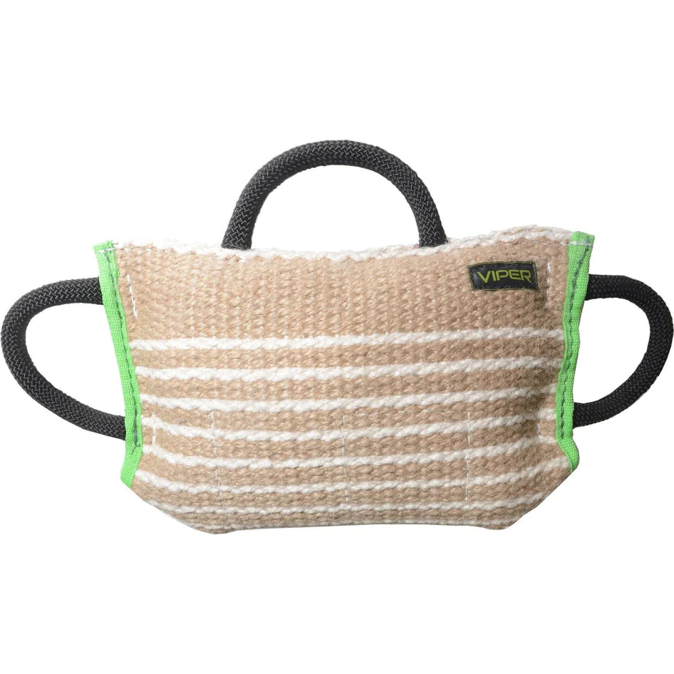 A beige and green jute bite pillow with the Viper brand logo, designed for dog training.