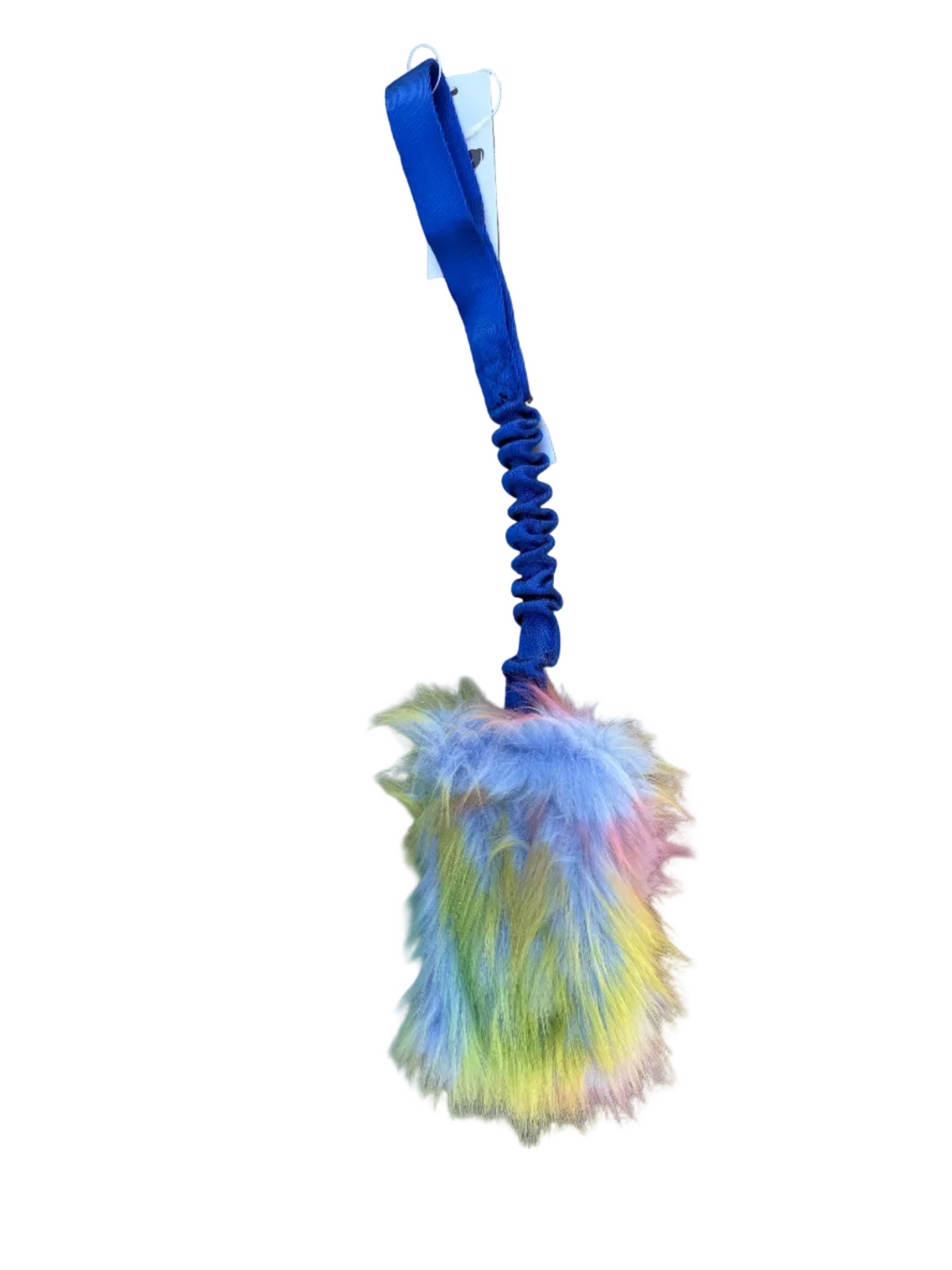 Colorful feather tug with a purple handle on a white background.
