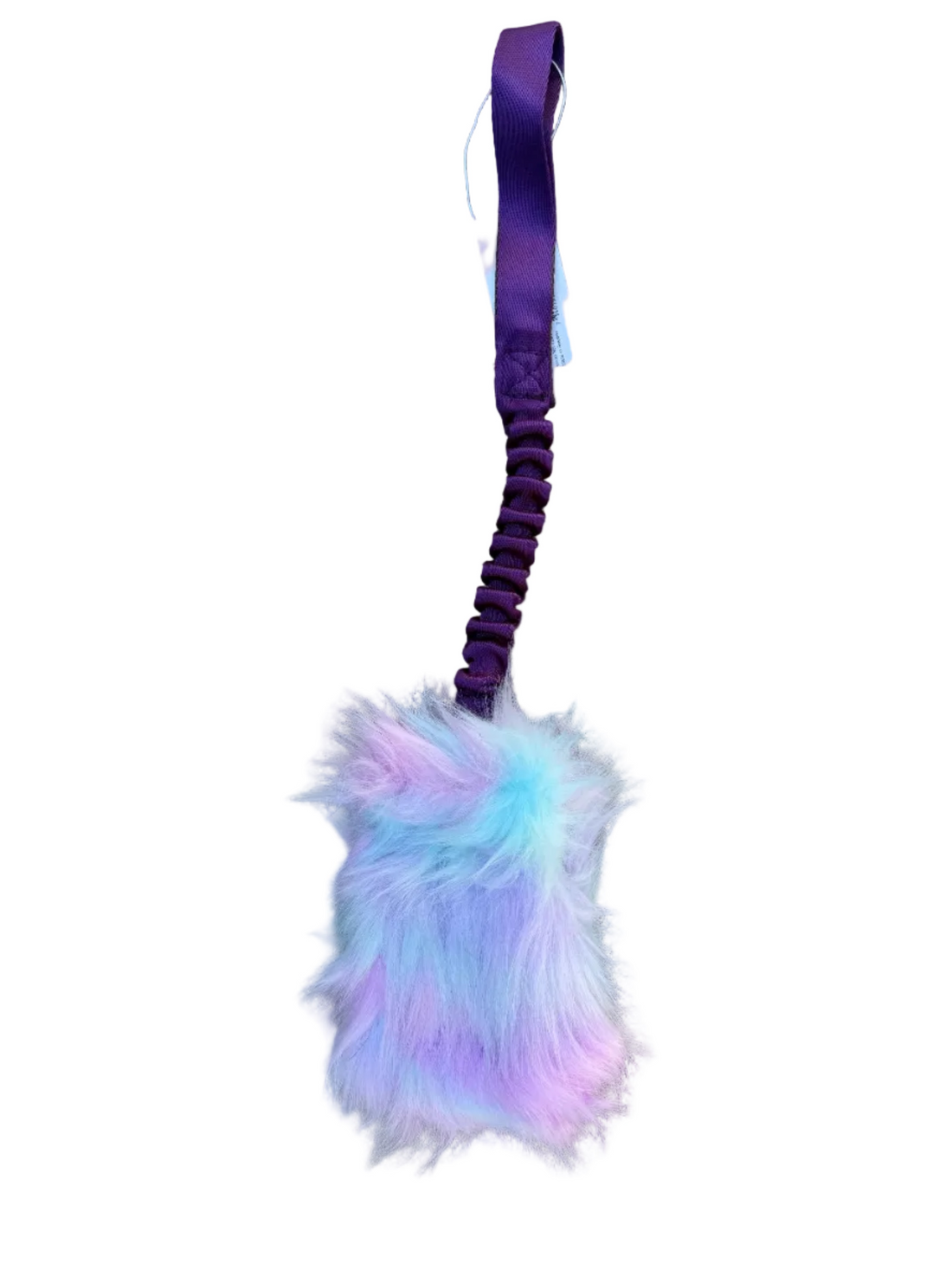 Colorful feather tug with a purple handle on a white background.