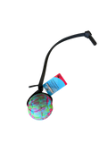 Colorful ball on a black stand with a tag on a white background