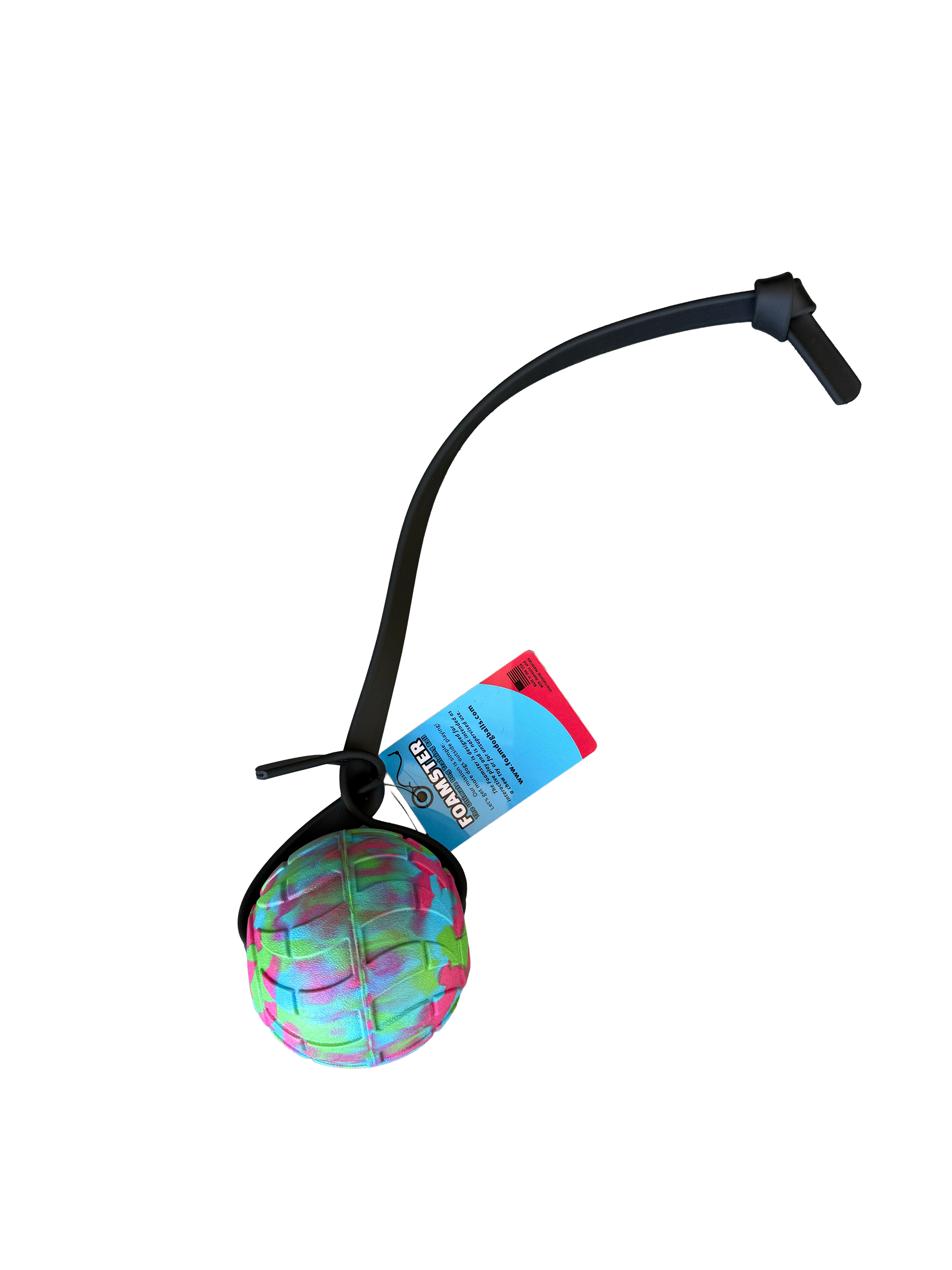 Colorful ball on a black stand with a tag on a white background