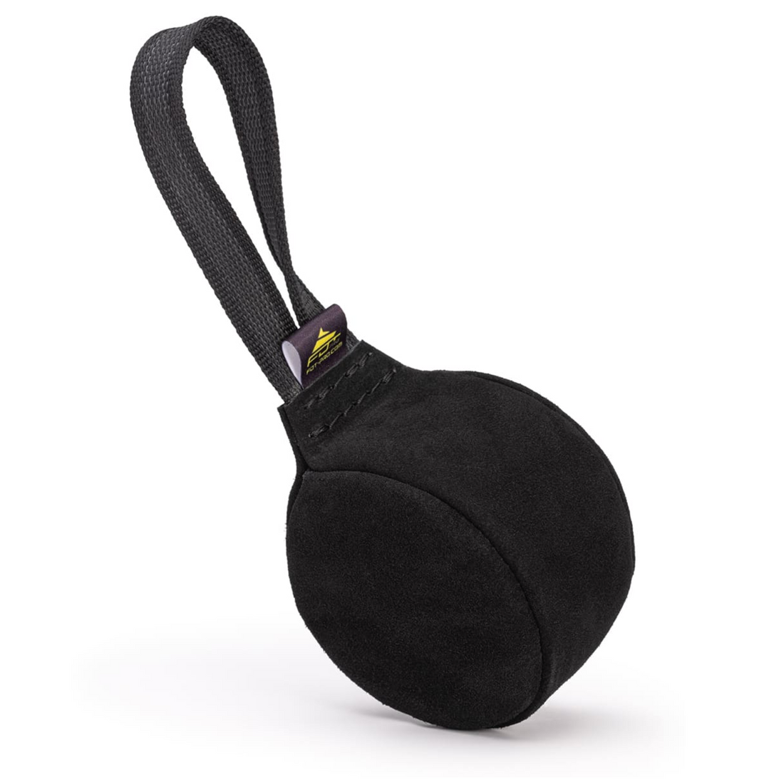 Black leather dog toy with a handle on a white background