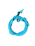 A bright light blue coiled cord  leash with a knot and metal clip