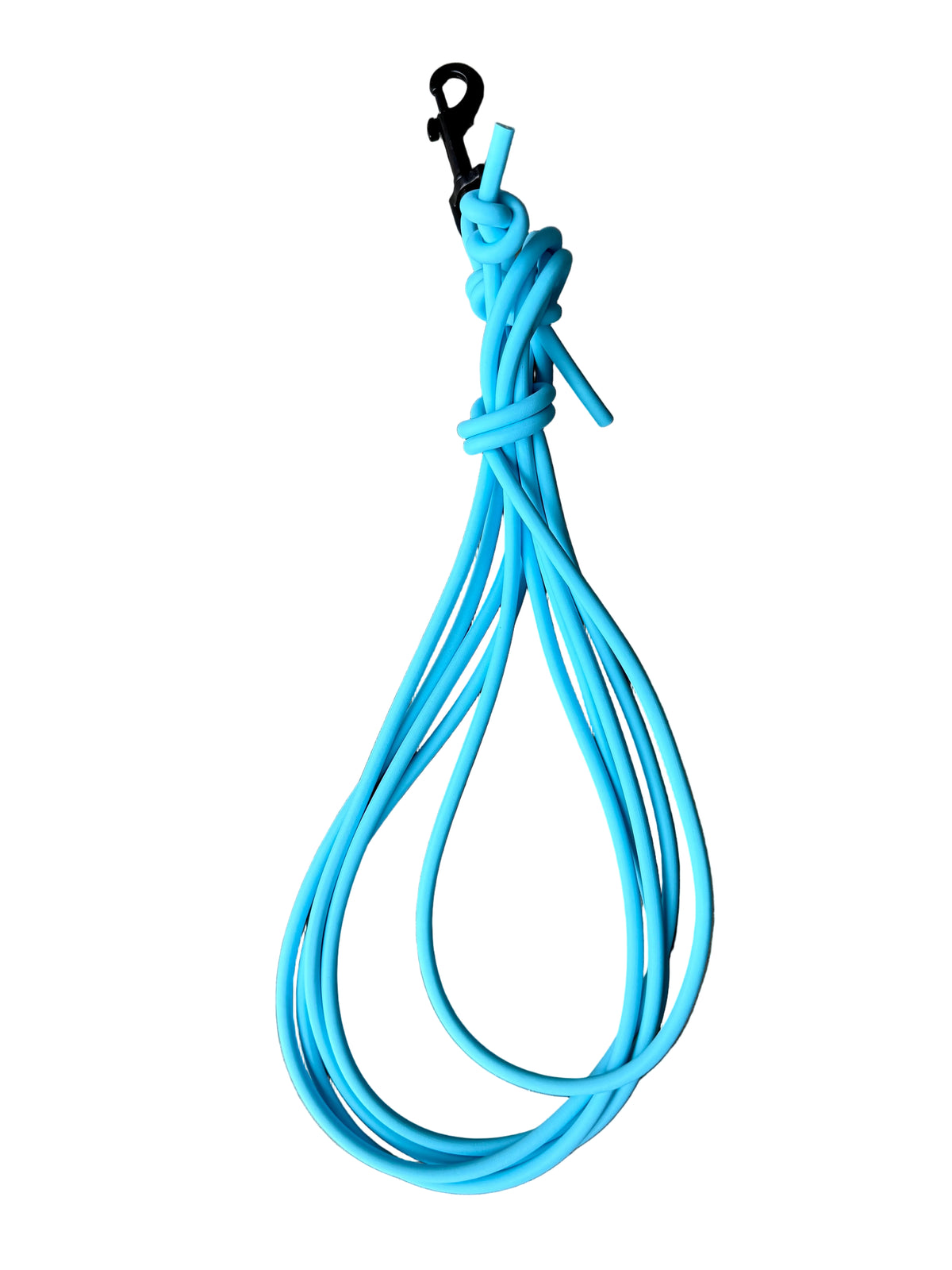 A bright light blue multi-strand rope leash with a black metal clip