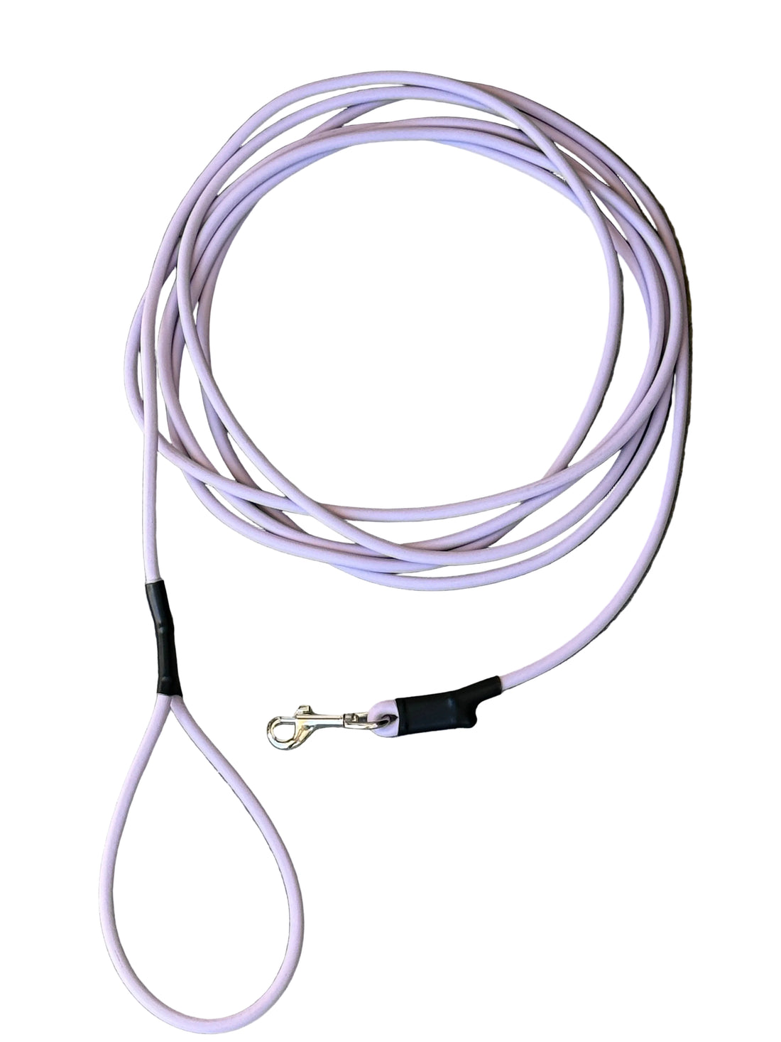 A black biothane dog lead rope with a large loop handle and a metal snap hook, coiled on a textured white background.