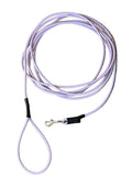 A light lavender dog leash with a matching loop handle and a silver metal snap hook, coiled on a white background.