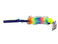 Colorful furred toy with a ball on a white background.