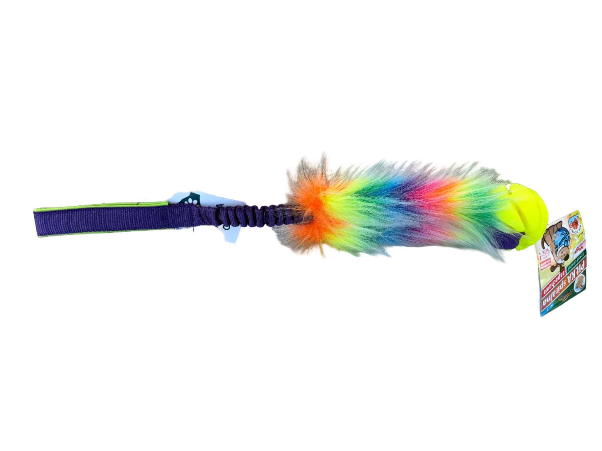 Colorful furred toy with a ball on a white background.