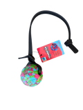 Colorful ball on a black cord with a tag on a white background