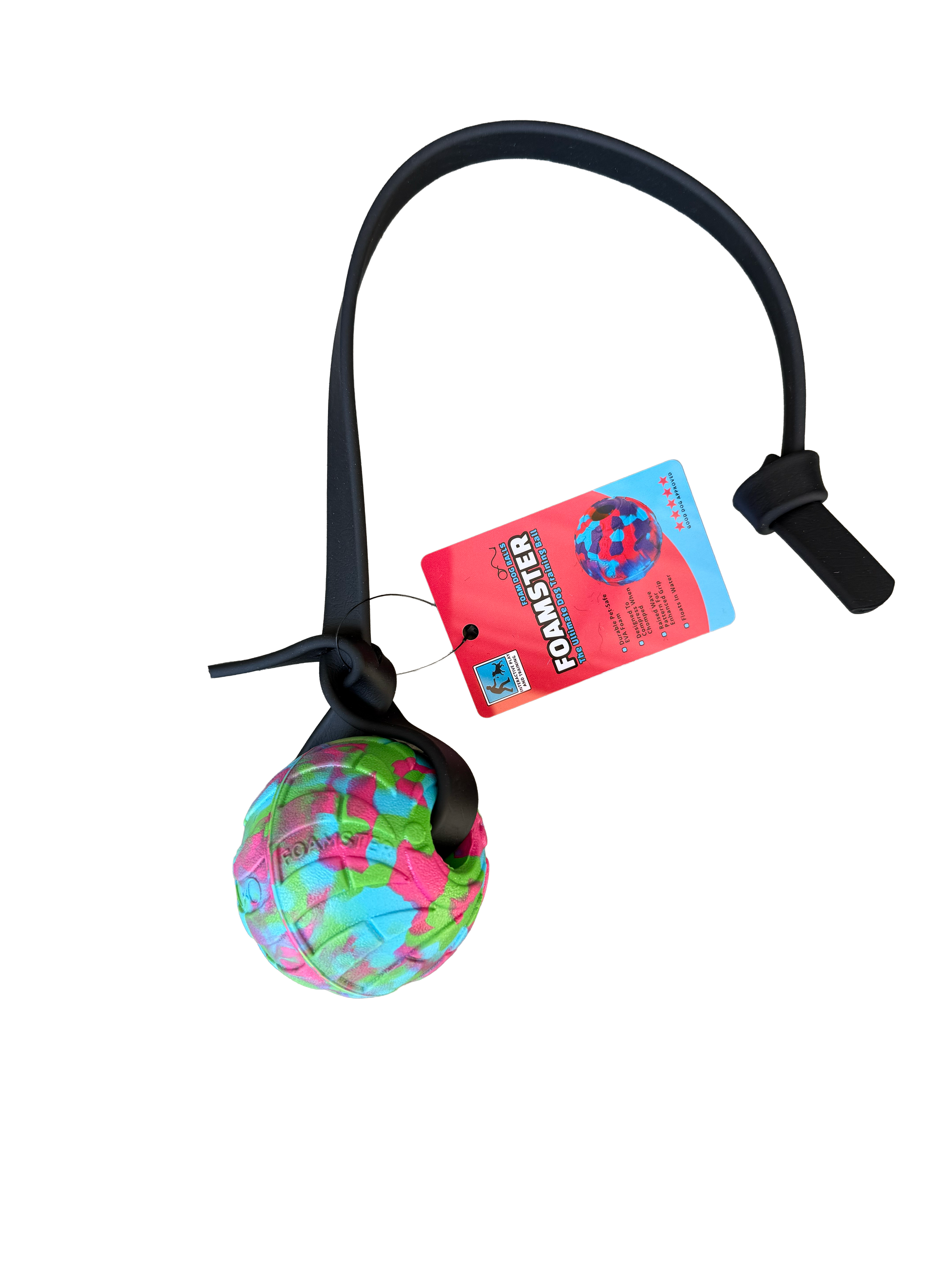 Colorful ball on a black cord with a tag on a white background