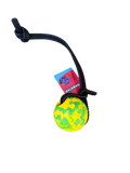 Dog toy with a colorful ball and black rope on a white background