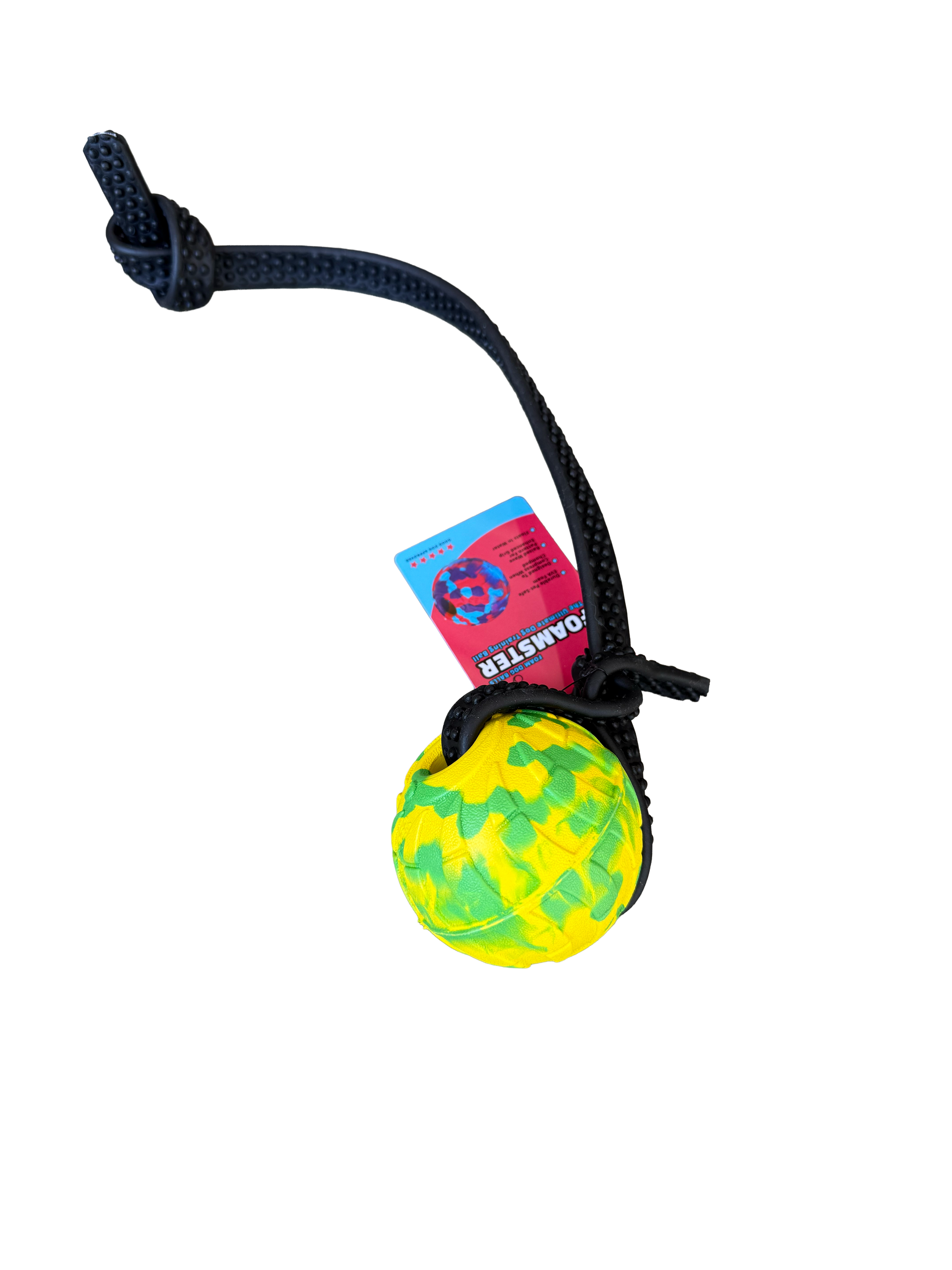 Dog toy with a colorful ball and black rope on a white background