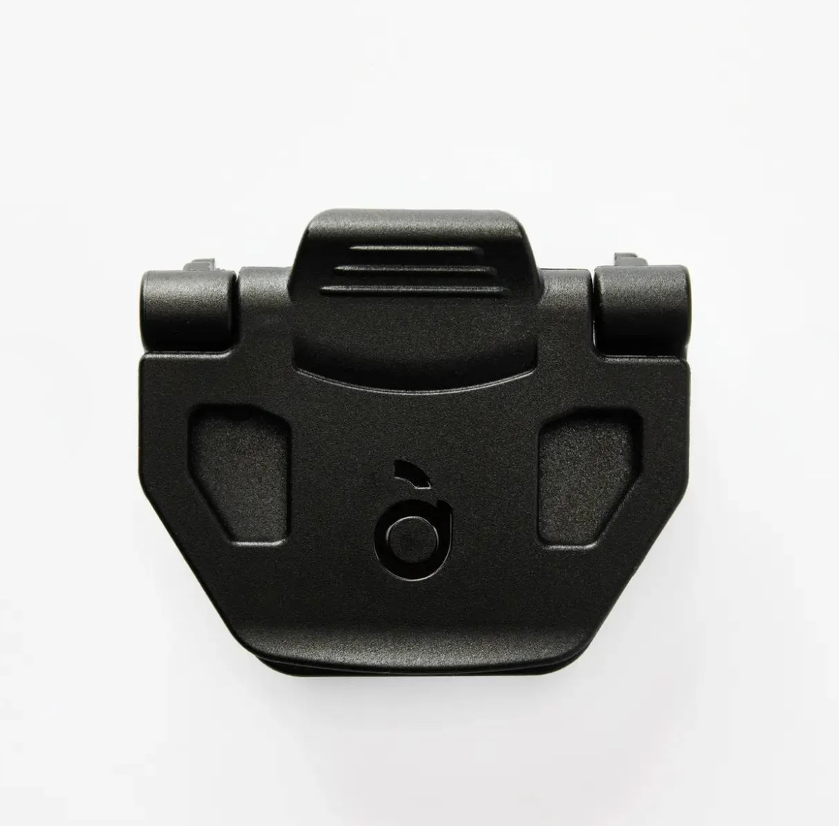 A matte black plastic quick-release buckle or strap component, photographed from a top-down perspective on a clean white background.