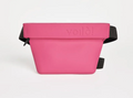 Pink treat pouch with black straps on a white background