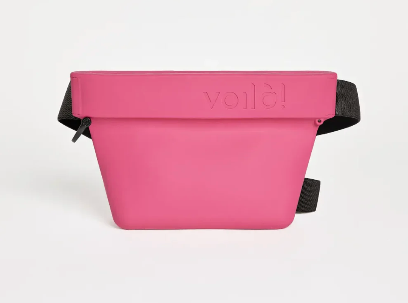 Pink treat pouch with black straps on a white background