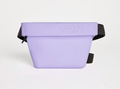Purple treat pouch with black straps on a white background