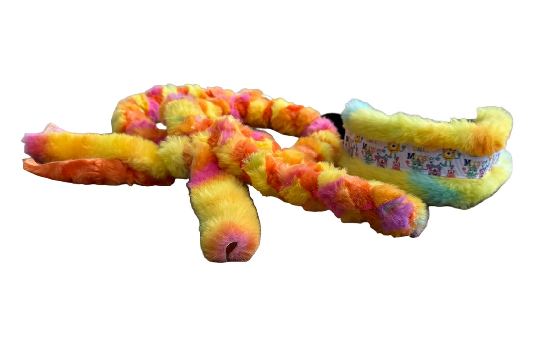 Colorful minky collar and leash on a white background