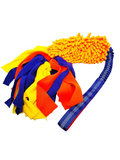 Colorful bungee tug with yellow and orange handles on a white background.