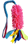 Colorful dog toy with a pink fuzzy end on a white background.