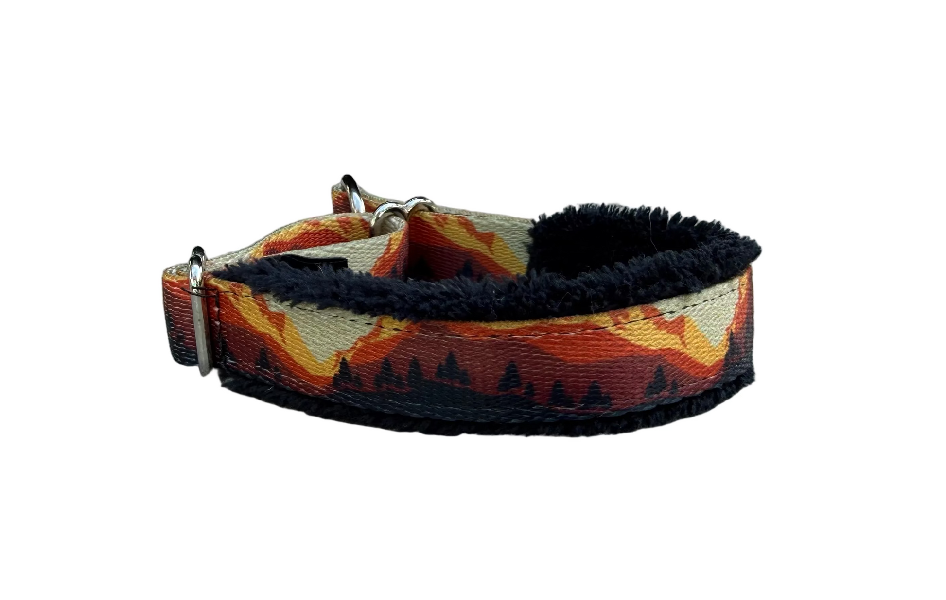 Dog collar with mountain pattern on a white background.