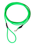 A bright neon green dog leash with a metal snap hook coiled on a textured white background.