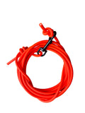 A bright orange coiled biothane leash with a black metal clip