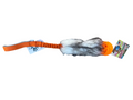 Dog toy with orange handle and faux fur on a white background.